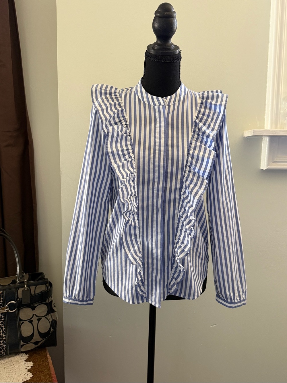 Madewell Blue and White Striped Ruffle-Front Blouse
